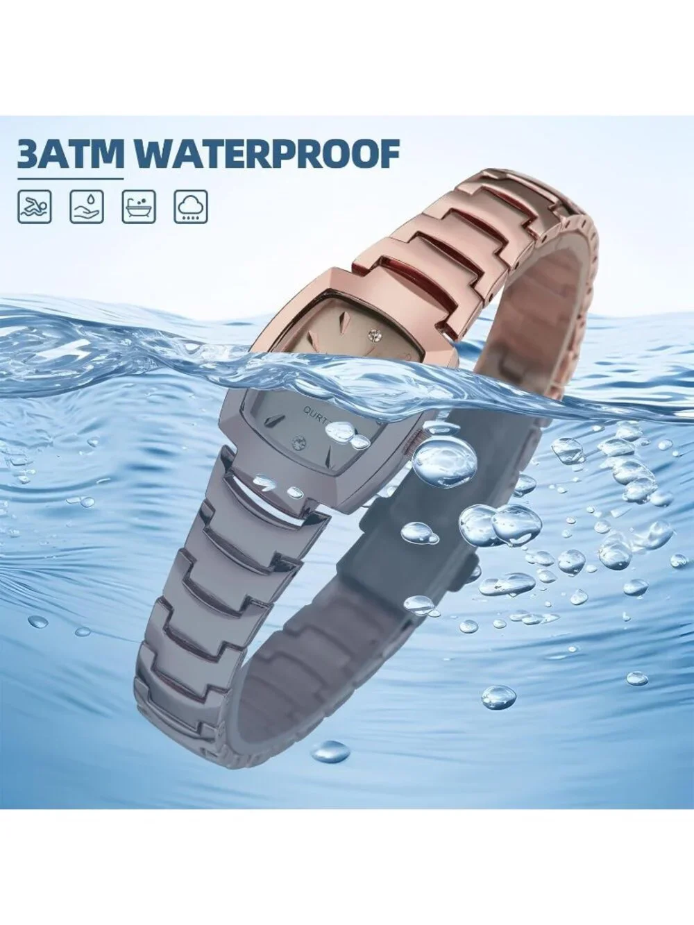 Women's Rose Gold Analog Steel Dainty Rectangle Waterproof Square Wrist Watch